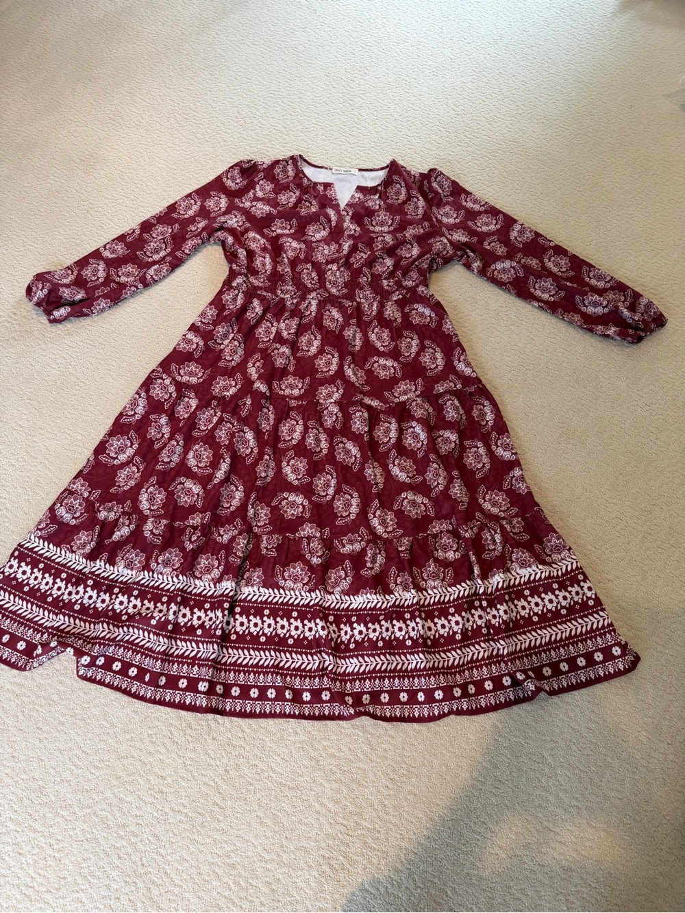 Grace Karin Women’s Burgundy Floral Long Sleeve Midi Dress With Pockets Size XL